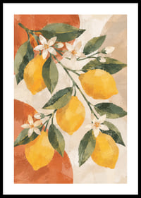 Des citrons jaune soleil et des fleurs blanches dans un tableau chaleureux d'inspiration méditerranéenne.-0