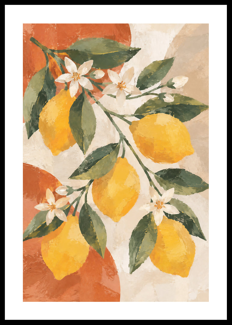 Des citrons jaune soleil et des fleurs blanches dans un tableau chaleureux d'inspiration méditerranéenne.-12