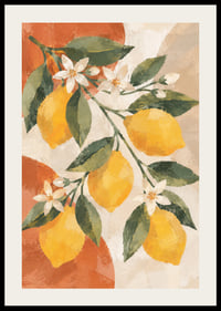 Des citrons jaune soleil et des fleurs blanches dans un tableau chaleureux d'inspiration méditerranéenne.-2