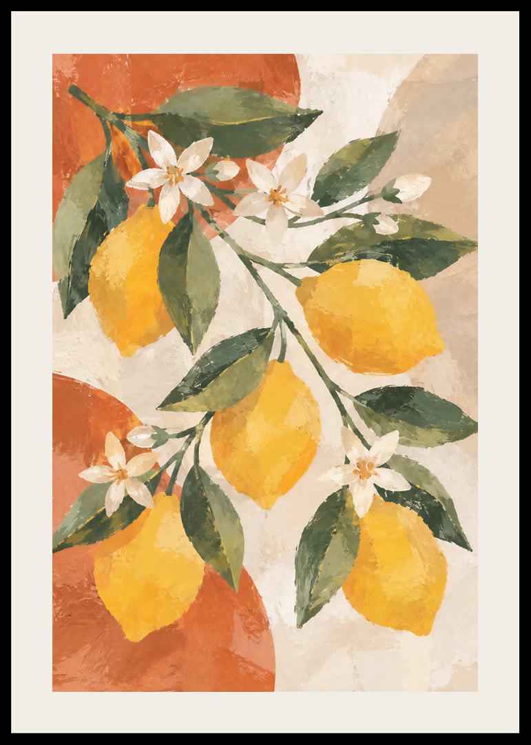 Des citrons jaune soleil et des fleurs blanches dans un tableau chaleureux d'inspiration méditerranéenne.-12