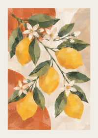 Des citrons jaune soleil et des fleurs blanches dans un tableau chaleureux d'inspiration méditerranéenne.-3