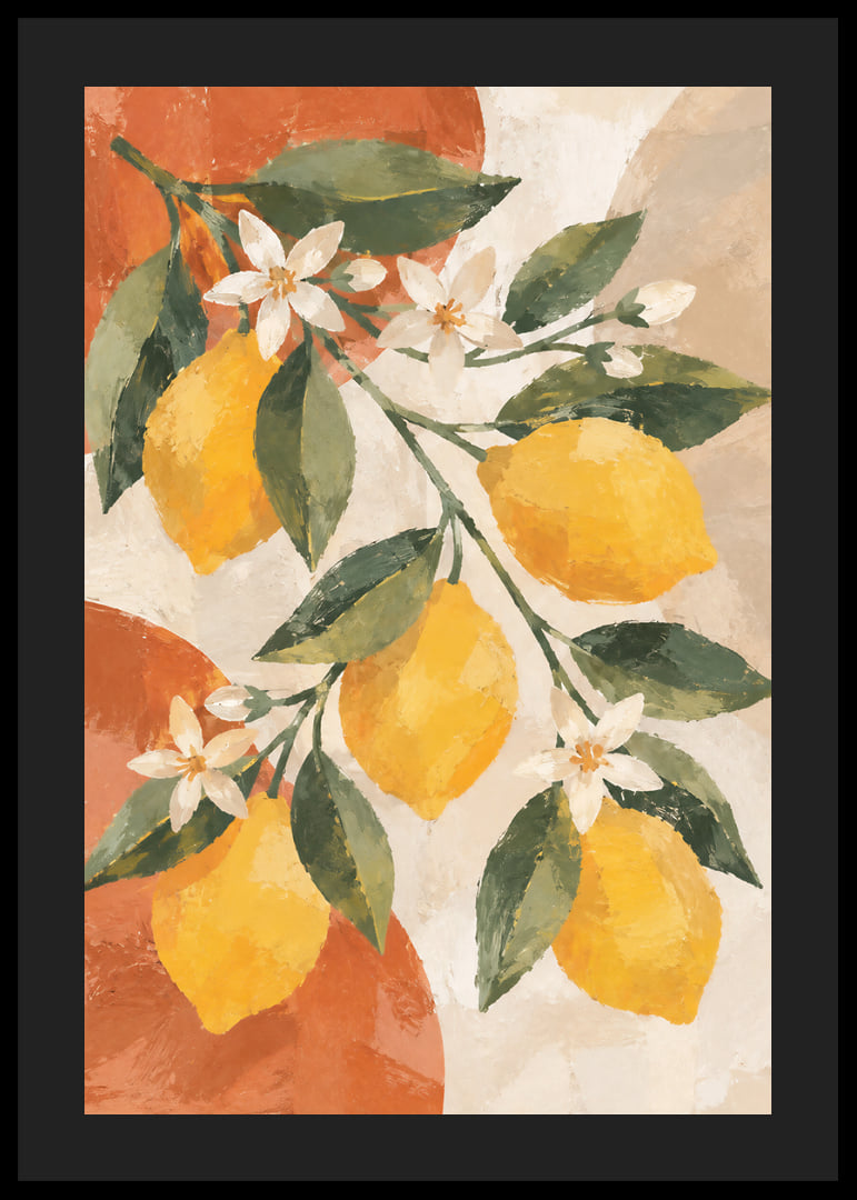 Des citrons jaune soleil et des fleurs blanches dans un tableau chaleureux d'inspiration méditerranéenne.-12