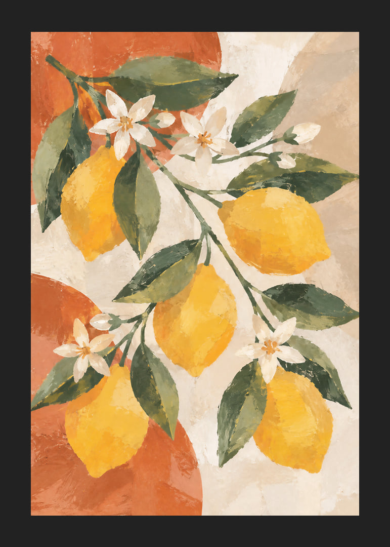 Des citrons jaune soleil et des fleurs blanches dans un tableau chaleureux d'inspiration méditerranéenne.-12