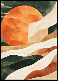 Abstract landscape with warm sun, soft mountain layers and earthy tones.-6