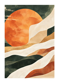 Abstract landscape with warm sun, soft mountain layers and earthy tones.-1