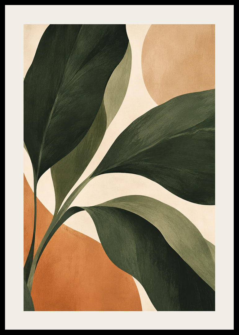 Large green leaves meet warm terracotta shapes in a calm, modern composition.-12