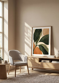 Large green leaves meet warm terracotta shapes in a calm, modern composition.-8