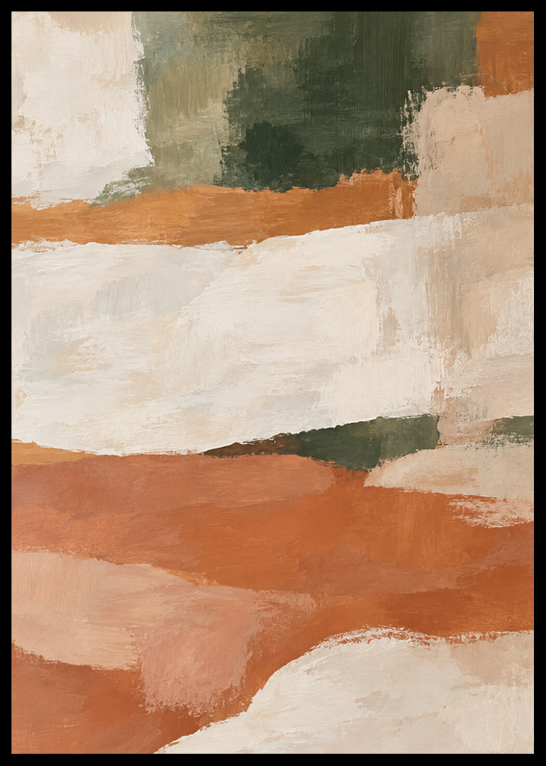 Abstract color fields in terracotta, creamy white and deep green create calm warmth.-12