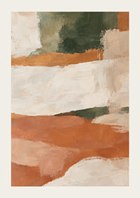 Abstract color fields in terracotta, creamy white and deep green create calm warmth.-3