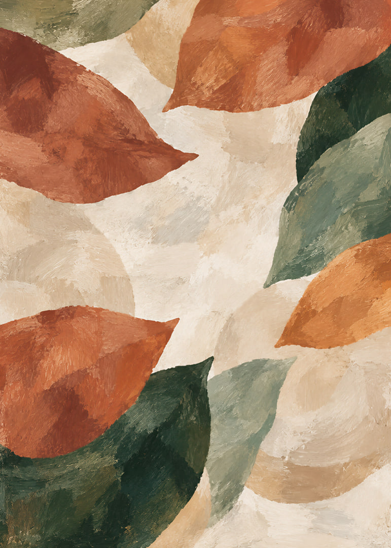 Abstract organic shapes in terracotta and green create a warm, earthy feel.-12