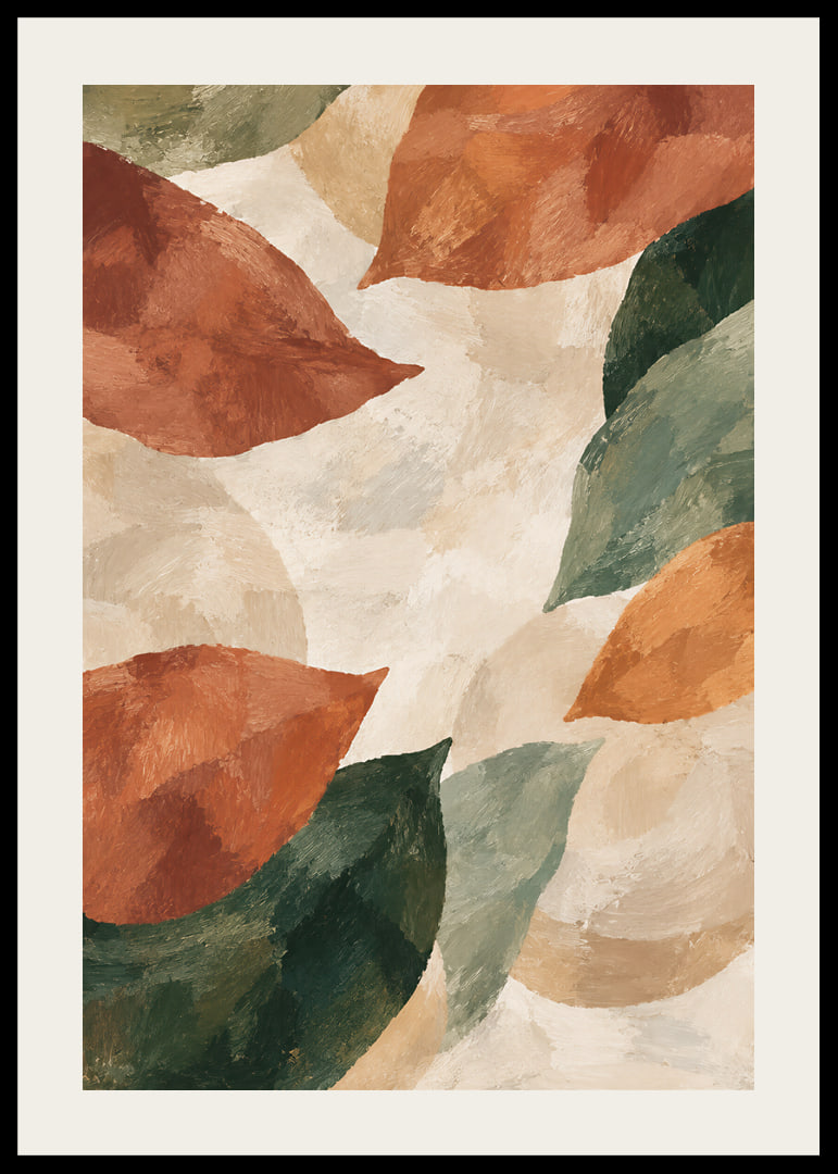 Abstract organic shapes in terracotta and green create a warm, earthy feel.-12