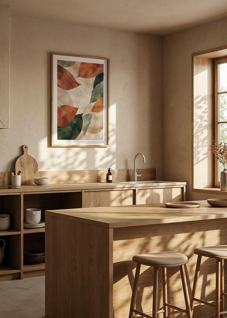 Abstract organic shapes in terracotta and green create a warm, earthy feel.-12