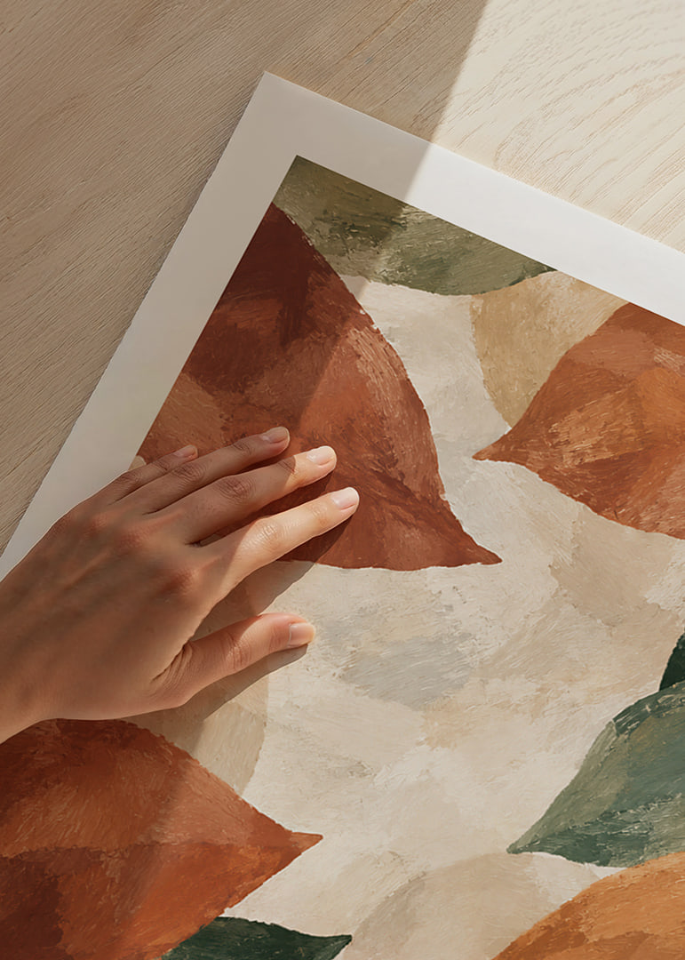 Abstract organic shapes in terracotta and green create a warm, earthy feel.-12