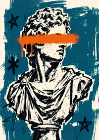Classic David sculpture meets raw graffiti in teal and orange.-7
