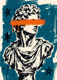 Klasikinė Dovydo skulptūra susitinka su neapdorotais grafiti žalsvai mėlynais ir oranžiniais atspalviais.-7
