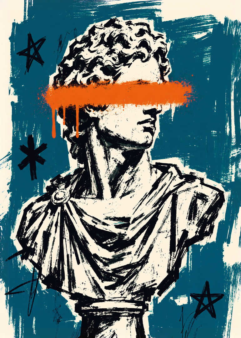 Klasikinė Dovydo skulptūra susitinka su neapdorotais grafiti žalsvai mėlynais ir oranžiniais atspalviais.-12