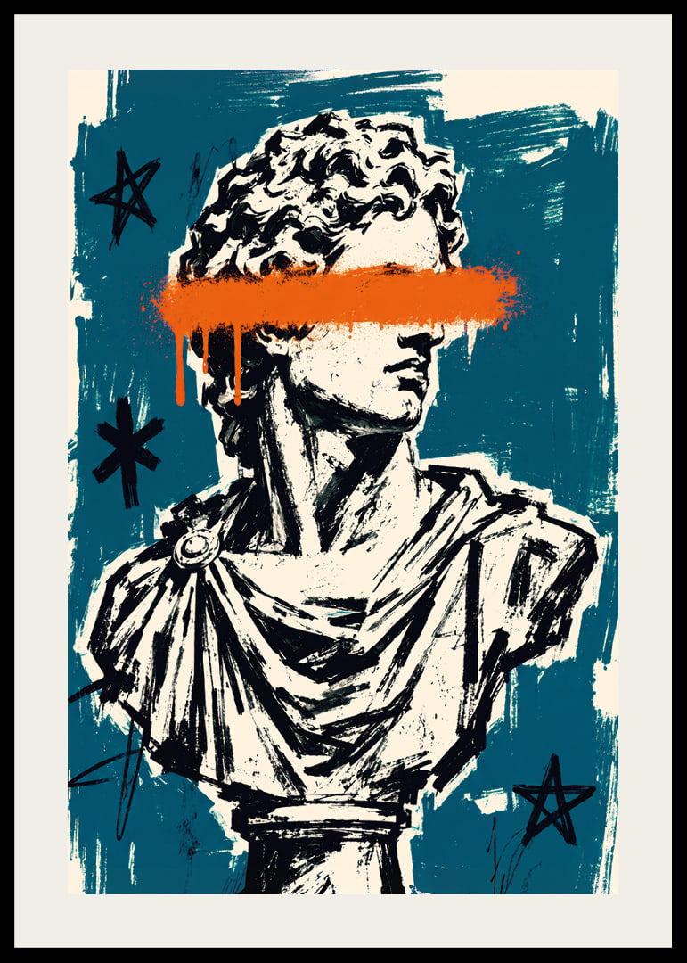 Classic David sculpture meets raw graffiti in teal and orange.-12