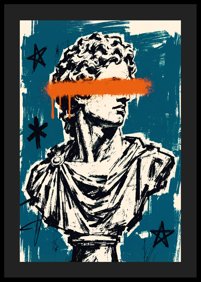 Classic David sculpture meets raw graffiti in teal and orange.-12