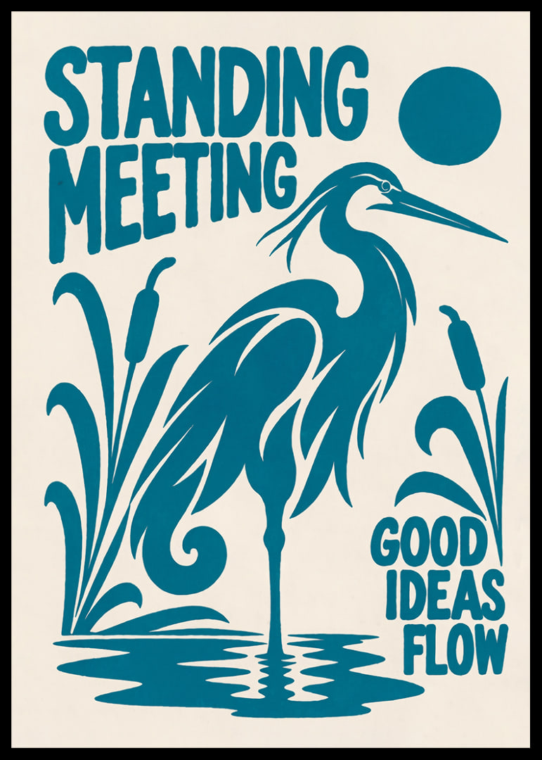 Graphic heron by the reeds with a playful message about ideas and meetings.-12