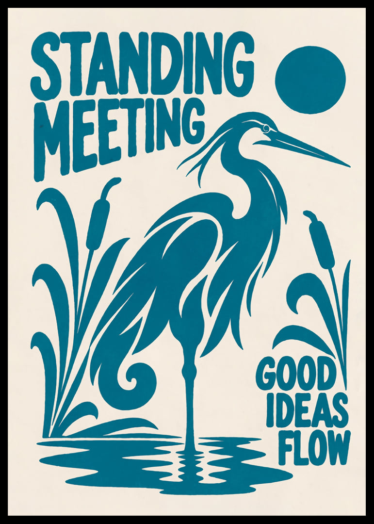 Graphic heron by the reeds with a playful message about ideas and meetings.-12