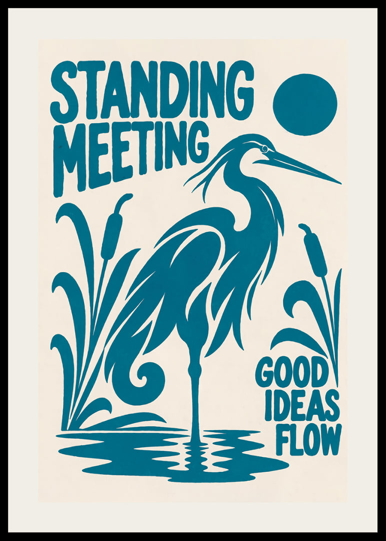Graphic heron by the reeds with a playful message about ideas and meetings.-12