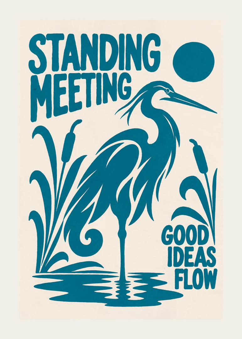 Graphic heron by the reeds with a playful message about ideas and meetings.-12