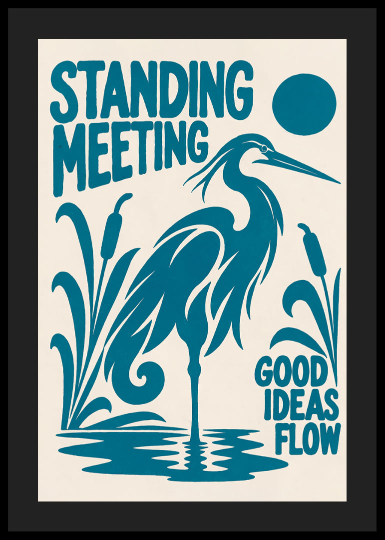 Graphic heron by the reeds with a playful message about ideas and meetings.-12