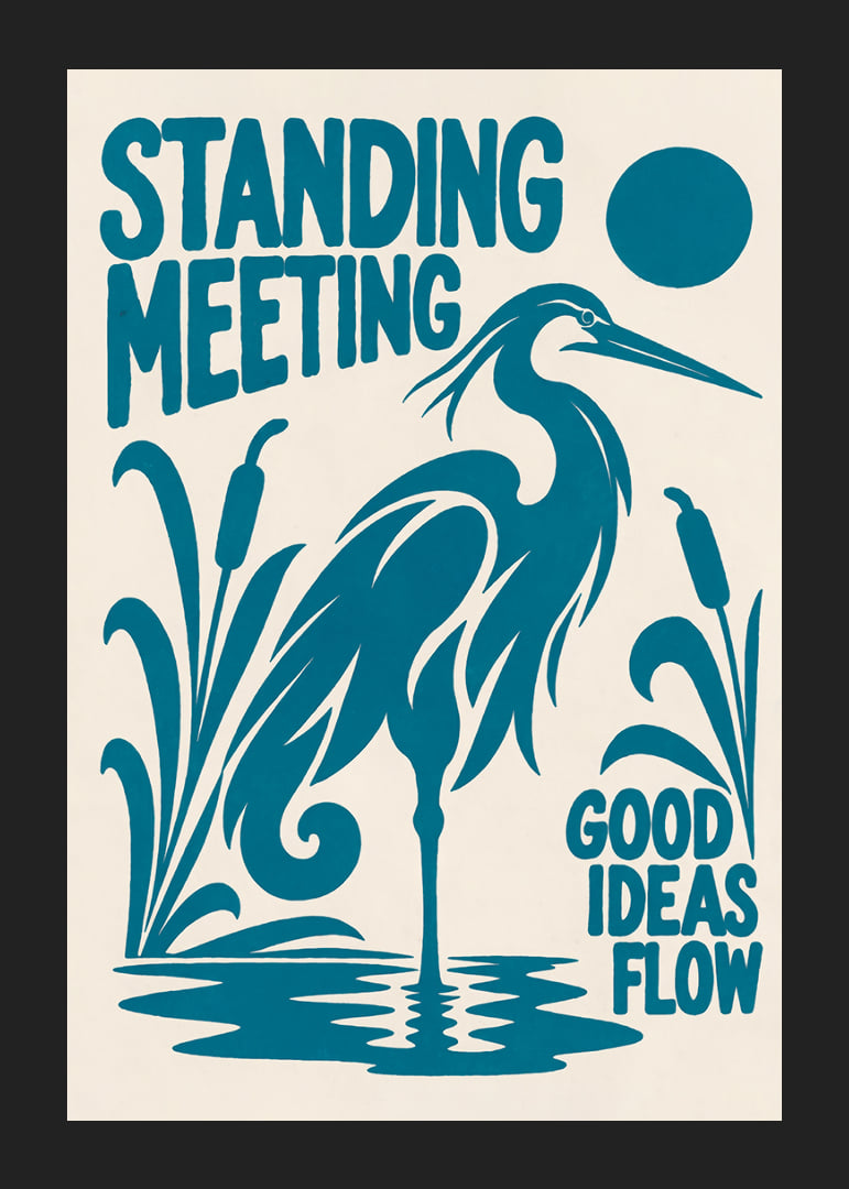 Graphic heron by the reeds with a playful message about ideas and meetings.-12