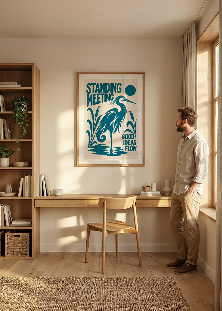 Graphic heron by the reeds with a playful message about ideas and meetings.-12