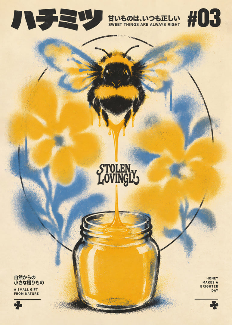 Grafinis plakatas su kamanėmis, auksiniu medumi ir mėlynomis gėlėmis retro stiliumi.-12