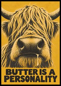 A shaggy highland cow with buttery humor in warm golden yellow.-0