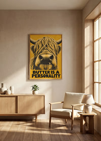 A shaggy highland cow with buttery humor in warm golden yellow.-2