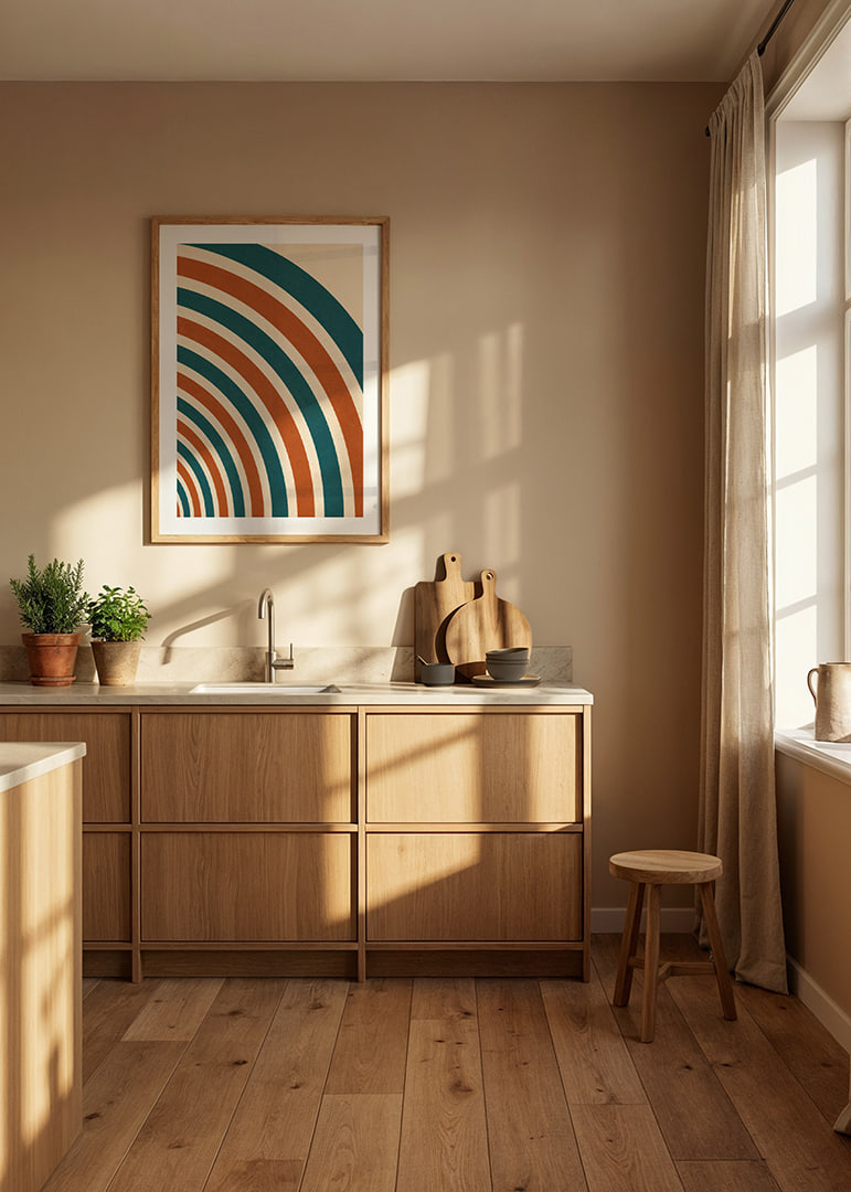 Grafiska bågar i teal, terrakotta och krämvitt skapar en varm retrokänsla.-12