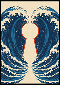 Stylized blue waves form a mysterious keyhole with a vintage feel.-6