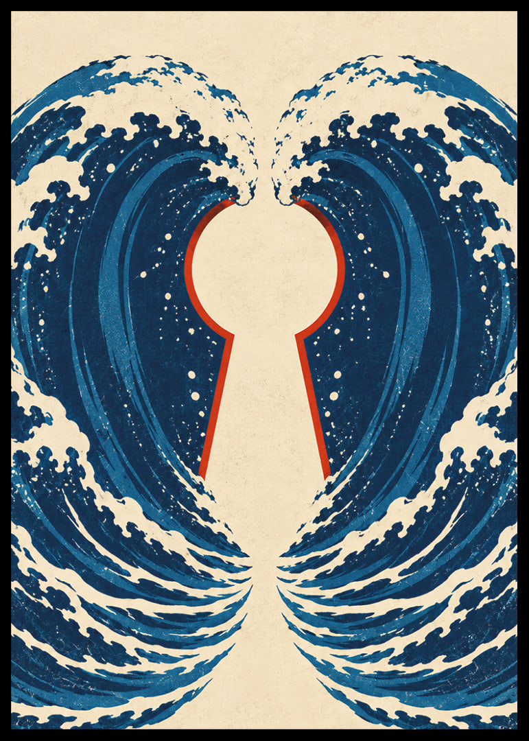 Stylized blue waves form a mysterious keyhole with a vintage feel.-12