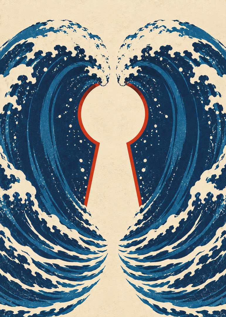 Stylized blue waves form a mysterious keyhole with a vintage feel.-12