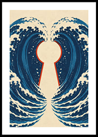 Stylized blue waves form a mysterious keyhole with a vintage feel.-0