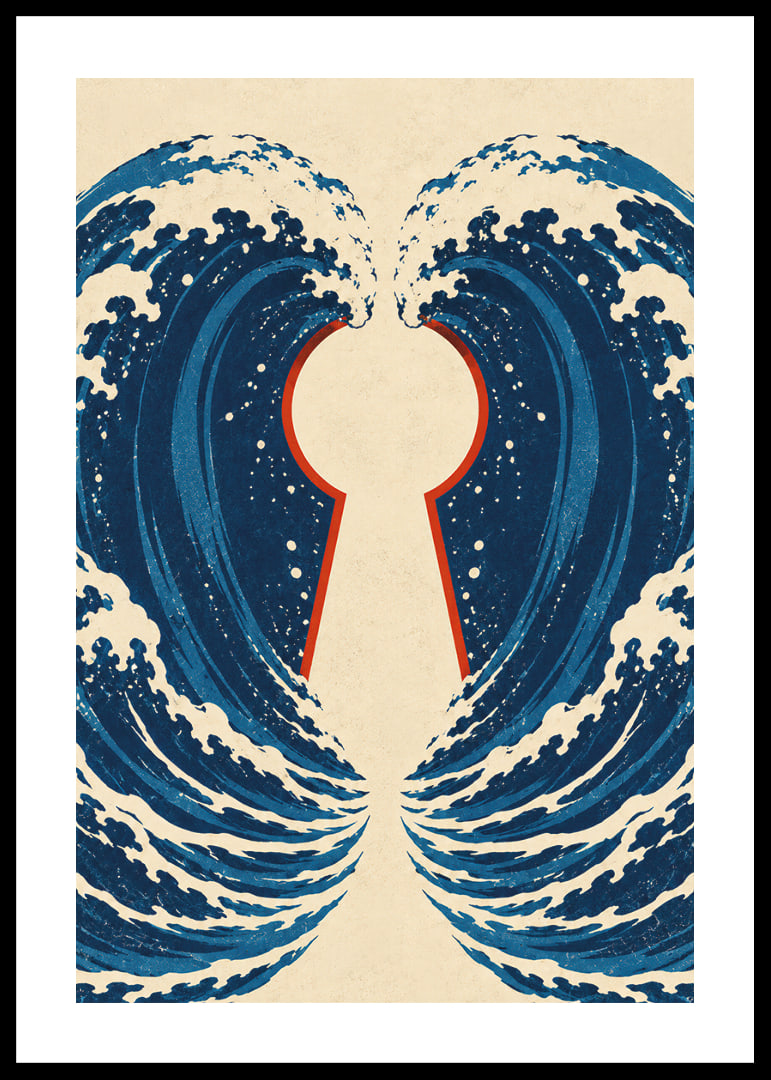 Stylized blue waves form a mysterious keyhole with a vintage feel.-12