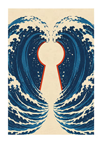 Stylized blue waves form a mysterious keyhole with a vintage feel.-1