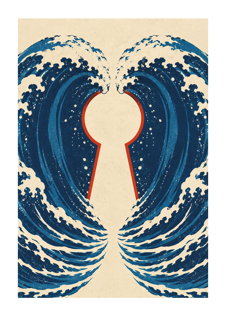 Stylized blue waves form a mysterious keyhole with a vintage feel.-12