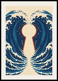 Stylized blue waves form a mysterious keyhole with a vintage feel.-2