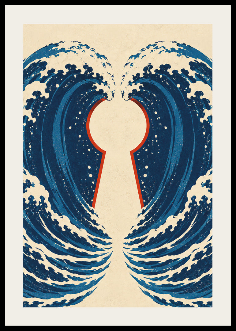 Stylized blue waves form a mysterious keyhole with a vintage feel.-12