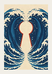 Stylized blue waves form a mysterious keyhole with a vintage feel.-3