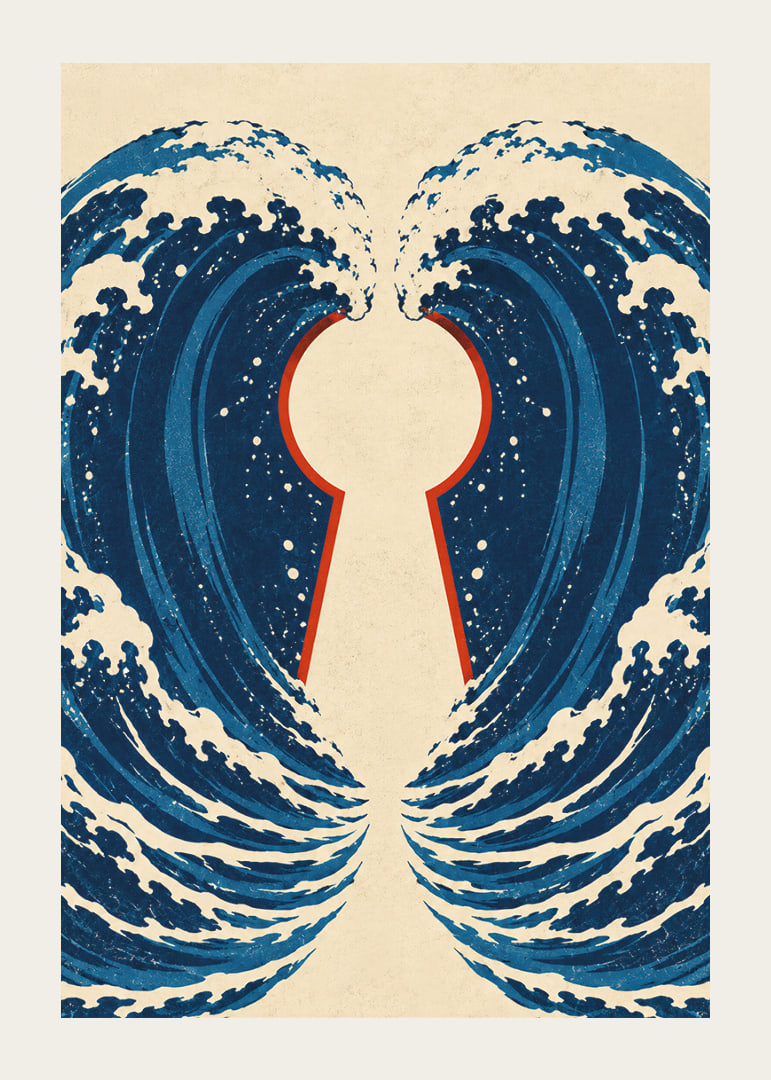 Stylized blue waves form a mysterious keyhole with a vintage feel.-12