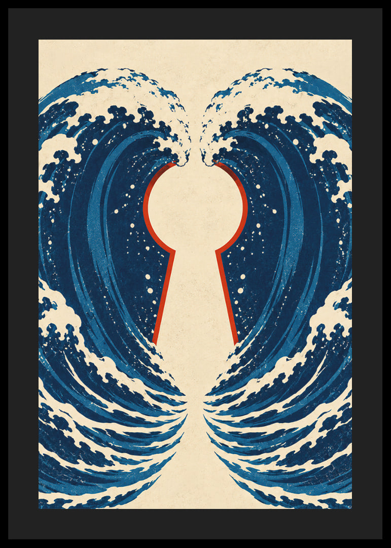 Stylized blue waves form a mysterious keyhole with a vintage feel.-12