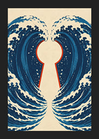 Stylized blue waves form a mysterious keyhole with a vintage feel.-5
