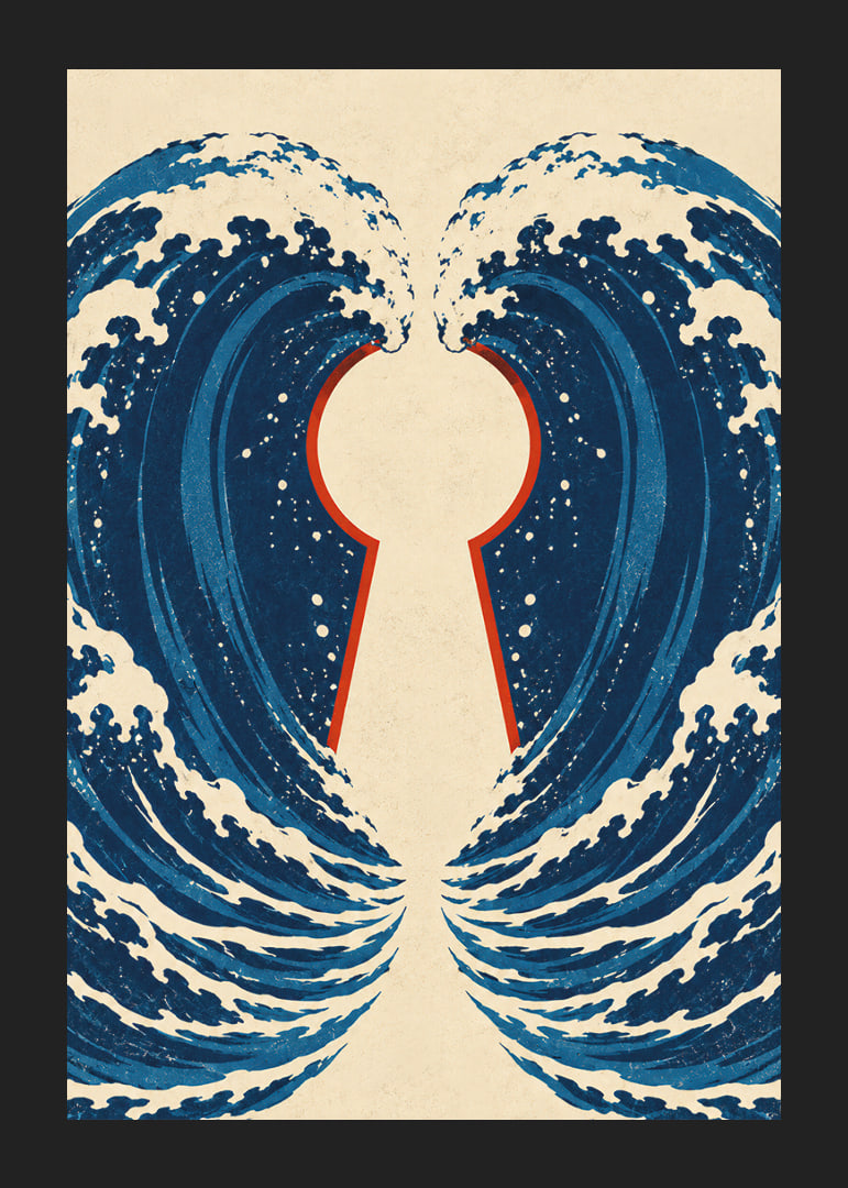 Stylized blue waves form a mysterious keyhole with a vintage feel.-12