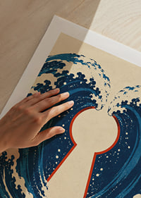 Stylized blue waves form a mysterious keyhole with a vintage feel.-9