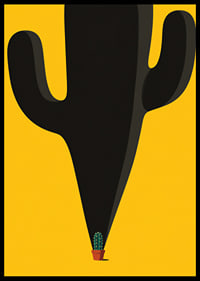 A small cactus casts a monumental, playful shadow against a yellow background.-6