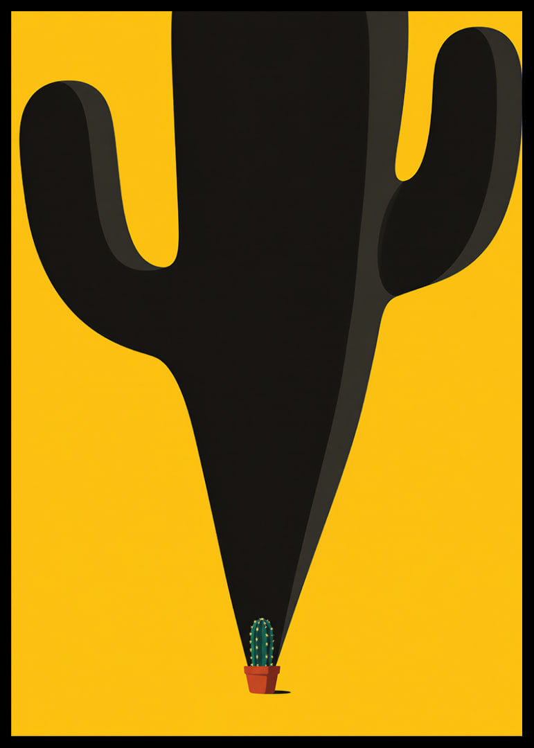 A small cactus casts a monumental, playful shadow against a yellow background.-12